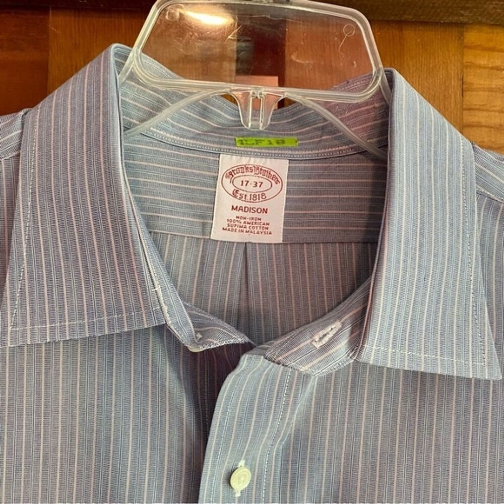 Brooks Brothers Madison Dress Shirt Men's Size 17-37 Blue White Striped No Iron